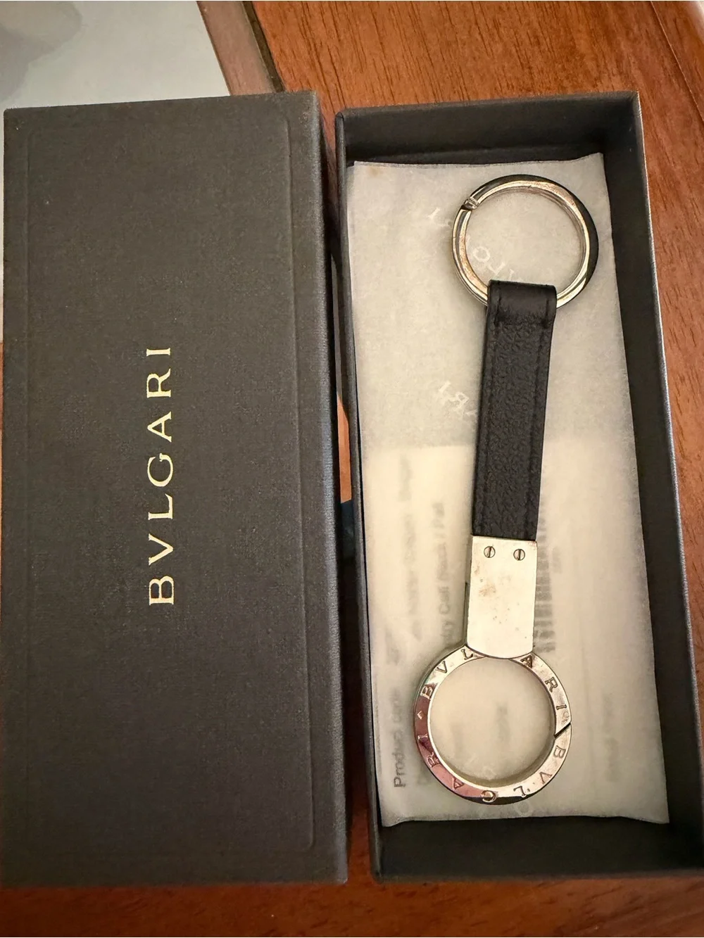 Bulgari Black Calf Leather Strap  22231 with Silver-Tone Engraved Dual Key Rings